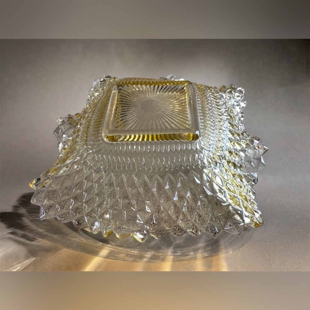 Vintage Federal Glass Ruffled Edge Square Candy Dish Diamond Cut 6 3/4” Amber - Picture 3 of 4